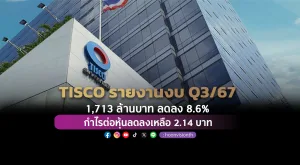 TISCO รายงานงบไตรมมาส3/67 ที่ 1,713 ล้านบาท ลดลง 8.6% กำไรต่อหุ้นลดลงเหลือ 2.14 บาท