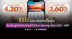 ttb มอบดอกเบี้ยสูง สำหรับลูกค้าเปิดบัญชี FCD e-Saving สกุล USD- GBP